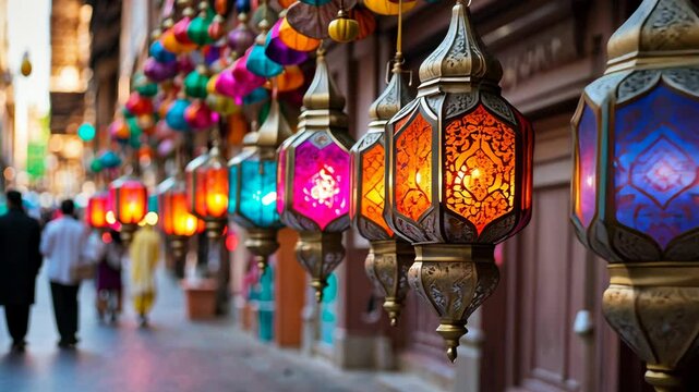 Colorful Lanterns Hanging in a Traditional Market in Istanbul