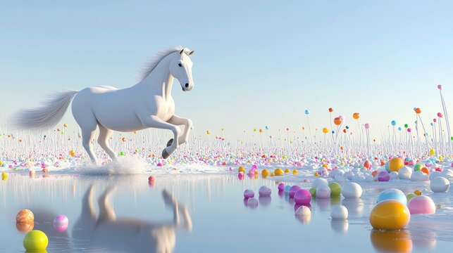 Whimsical Escape: A White Horse Galloping Freely in a Surreal White Swamp, Littered with Vivid Colorful Lollipops