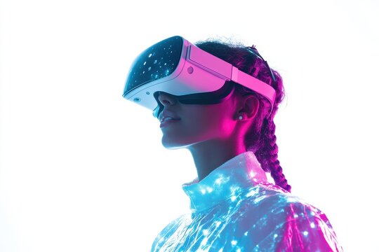 Portrait of a woman using virtual reality headset experiencing immersive digital technology Isolated on a white background
