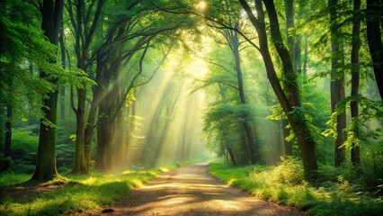 Fototapeta premium Sunlit Path Through a Mystical Forest of Lush Greenery