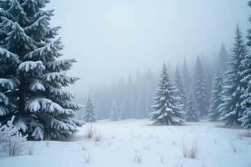 Fototapeta premium A serene winter wonderland with snow-covered pine trees and a gently falling snowfall.