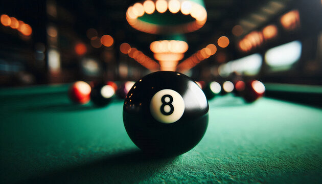 A close-up view of an 8-ball on a green pool table in a moody bar setting with soft, warm bokeh lighting