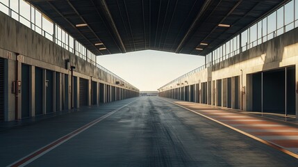 Empty Garage Pit Lane at a Race Track