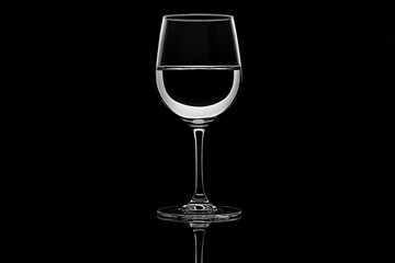 a clear wine glass filled with water reflects a sleek semicircular shadow and light on a polished black background  
