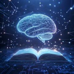 Digital image of the brain with a network-like structure. The brain is connected to a database, artificial intelligence, neural networks, or advanced processing.