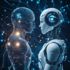 Digital image of the brain with a network-like structure. The brain is connected to a database, artificial intelligence, neural networks, or advanced processing.