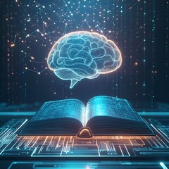 Digital image of the brain with a network-like structure. The brain is connected to a database, artificial intelligence, neural networks, or advanced processing.