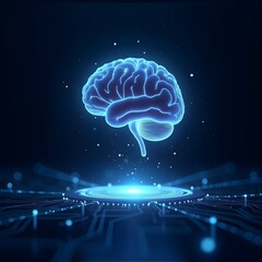 Digital image of the brain with a network-like structure. The brain is connected to a database, artificial intelligence, neural networks, or advanced processing.