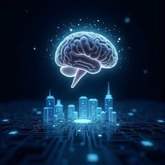 Digital image of the brain with a network-like structure. The brain is connected to a database, artificial intelligence, neural networks, or advanced processing.