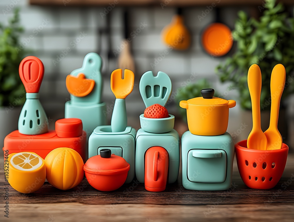 Poster vibrant and modern collection of multicolored cooking utensils kitchenware and tableware items arran