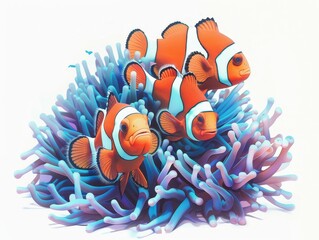 Colorful clownfish are swimming among vibrant blue sea anemones, creating a lively underwater scene.