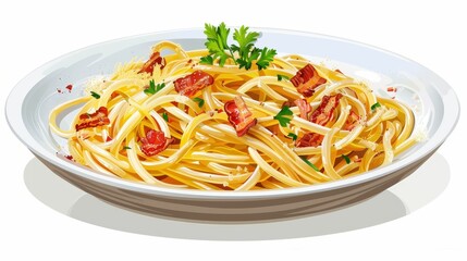 A delicious plate of spaghetti garnished with fresh parsley and crispy bacon bits, showcasing Italian culinary delight.