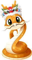 Cartoon snake character wearing traditional Chinese dragon headpiece, celebrating spirit of Chinese New Lunar Year 2025. Isolated vector reptile animal with playful expression convey joy and festivity