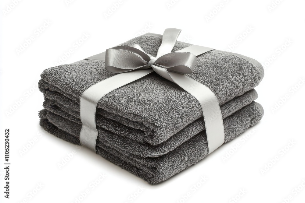 Poster set of 3 gray towels neatly folded and tied with ribbon isolated on a white background, perfect for 