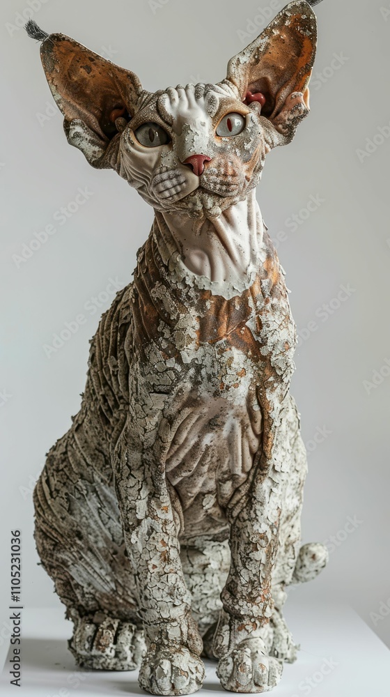 Poster a detailed sculpture of a cat with large ears and intricate textures, showcasing artistic craftsmans