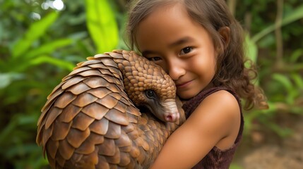 Young Girl Cuddling a Pangolin Close-Up