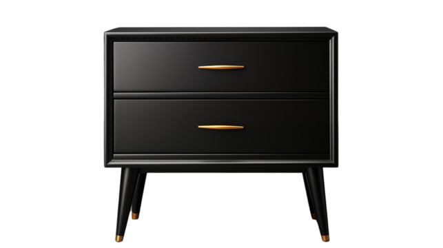 A sleek modern black nightstand, perfect for storing essentials while complementing contemporary bedroom design, isolated on transparent background.