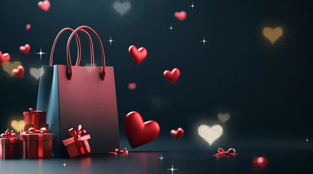 Shopping bag with gifts and red heart, valentine day concept.