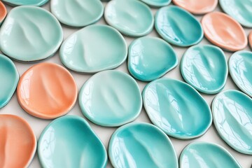 Thin, glossy ceramic discs in a gradient of turquoise and coral, arranged to mimic the ebb and flow of ocean waves.