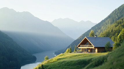 Obraz premium Wooden cabin overlooking serene mountain landscape and river