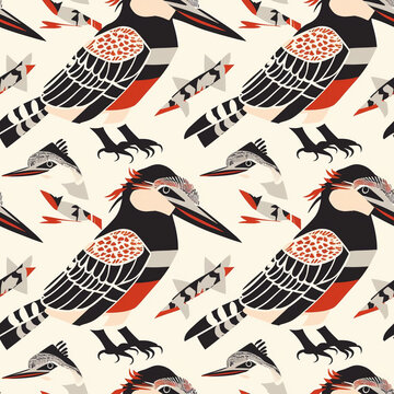 Woodpecker bird repeat seamless tile pattern geometric folk art wildlife retro animal wallpaper fabric illustration nature niche decor stamp retro midcentury
