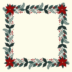 Merry Christmas card with frame of fir twigs, berries and leaves of mistletoe, holly and copyspase on light background. Trendy Winter Holidays art template. Vector illustration.
