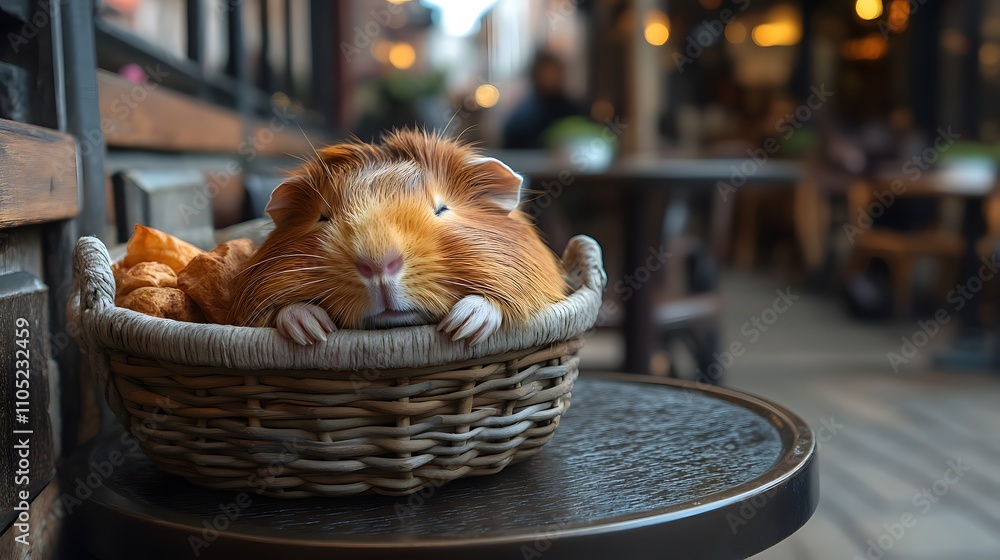 Poster adorable guinea pig cuddled up and resting peacefully in a cozy wicker basket placed by a window as 