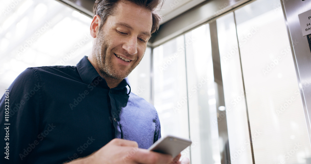 Poster business, elevator or man with phone in office for checking notifications, network connection or mob