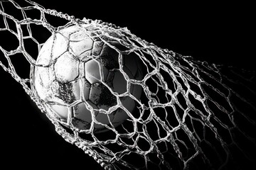 Soccer ball goal net scoring moment high contrast black and white close up sports photography