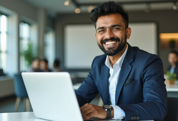 Fototapeta premium Smiling businessman works on laptop in modern office showcasing success and professionalism.