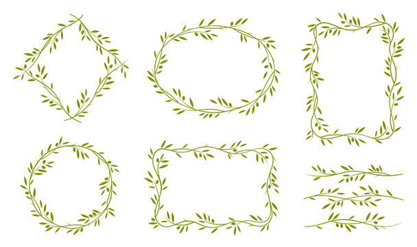 Olive leaves frames, dividers and borders. Elegant floral and nature-themed rectangular, oval, diamond shapes for invitations, photo frames, decorative elements for menu in natural Mediterranean style