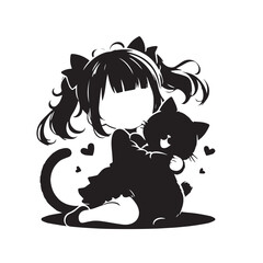 Obraz premium Girl with cat vector silhouette black and white.