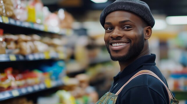 Cheerful young male shop assistant helping customers in a grocery aisle.
