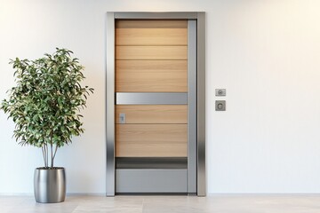 Sleek modern front door with wood and steel accents, minimalist potted plant.