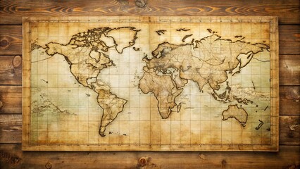 Antique World Map on Rustic Wooden Surface A Vintage Travel or Exploration Theme