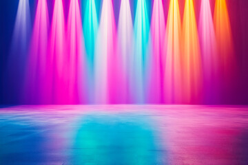 Obraz premium Vibrant stage lights illuminate an empty performance area ready for an upcoming show at a theater, creating an energetic atmosphere in colorful hues of blue, pink, and orange