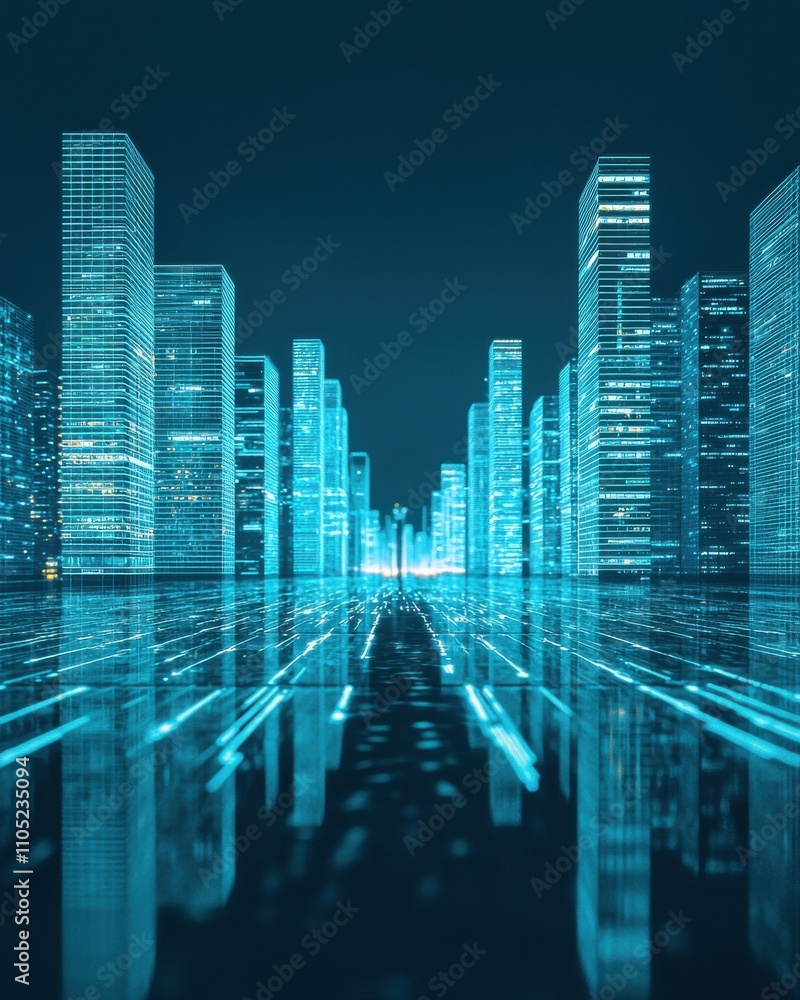 Poster a futuristic cityscape featuring illuminated skyscrapers reflected on a smooth surface, creating a d