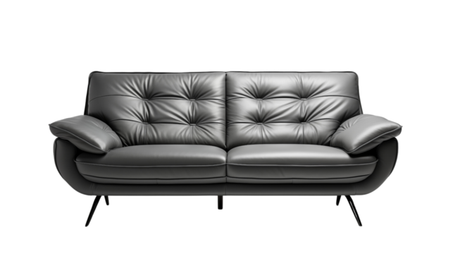 Stylish gray leather sofa with a modern look. Blends seamlessly with both minimalist and contemporary decor, isolated on transparent background.