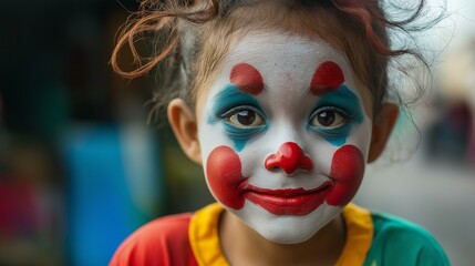 Close-up of a young child with colorful clown face paint and a cheerful expression outdoors.