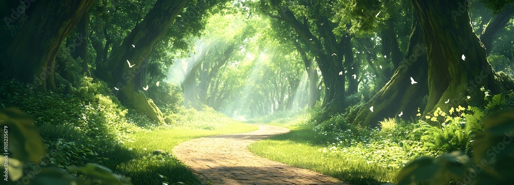 Poster 48. a scenic rural path through a forest with open spaces in the middle for text placement
