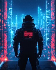 A futuristic astronaut stands in a neon-lit cityscape, surrounded by vibrant colors and a digital environment, evoking a sense of adventure and exploration.