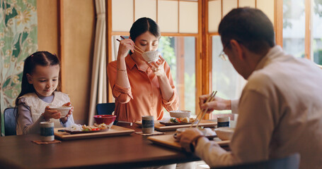 Japan, house and family with food, girl and parents with healthy meal, protein and lunch. Apartment, mother and father with daughter, Asian cuisine and wellness with nutrition, eating and traditional