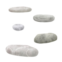 Stone, gray sea pebbles in set. Watercolor digital illustration. Smooth cobblestone from river or ocean, stones from sea shore isolated on white background. For zen theme, spa, cosmetic advertising