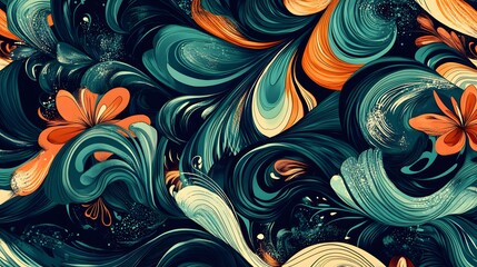 Naklejka premium Abstract Teal Orange Floral Swirls Design