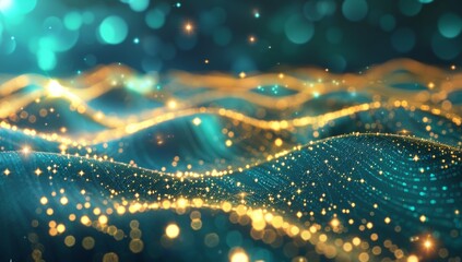 Abstract background with glowing waves of light in teal and gold colors.