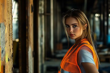 Obraz premium detailed photo of girl in hi vis vest in warehouse
