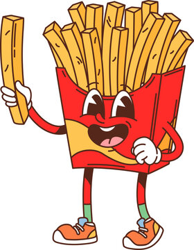 Naklejki Cartoon groovy fast food french fries character. Takeaway restaurant meal funny retro personage, 60s 70s cartoon isolated vector character. Street cafe menu french fries snack box cheerful mascot