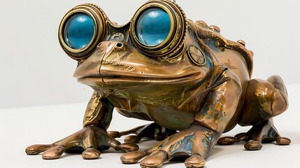 An absurd frog figure in a sense of retro with giant blue lenses and brass data