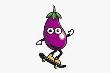 cute face eggplant skiting in white background