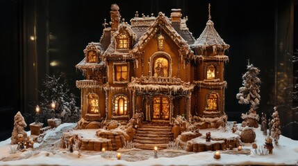 Elaborate gingerbread mansion display with detailed frosting designs and tiny edible characters surrounding it